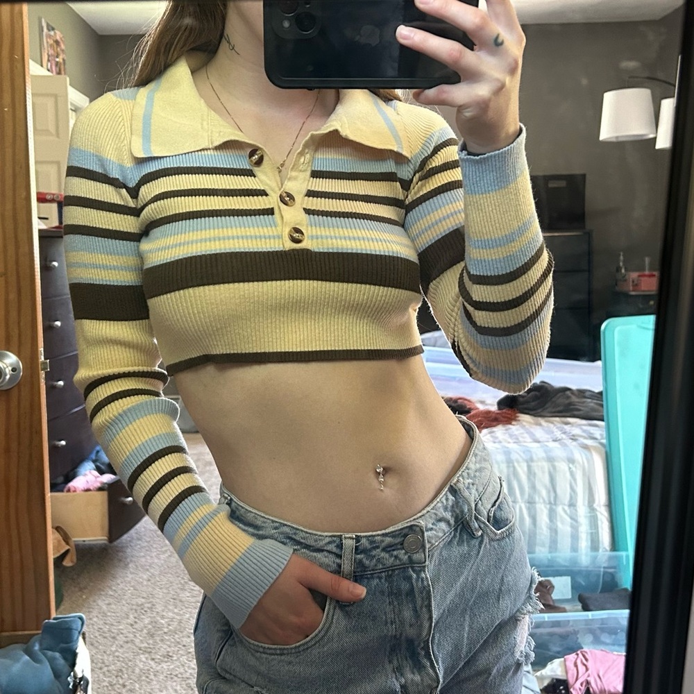 Striped Ribbed Knit Long Sleeve Crop Top